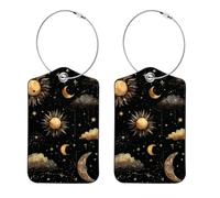 2 Pack Luggage Tags for Suitcases, Magic Sun Moon Clouds Stars on Dark Background Privacy Cover ID Label Bag Tags Identifiers with Stainless Steel Loop