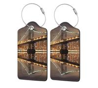 2-Pack Luggage Tags for Suitcases, New York Manhattan Bridge Night, Personalized Aesthetic Pu Leather Baggage Tags with Privacy Protection, Luggage Identifier Travel Id Tag for Cruise Vacations