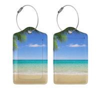 2 Pack Luggage Tags for Suitcases, PU Leather Bag Travel Suitcase Name ID Label and Metal Loop for Women Men Baggage Bag Backpack, Turquoise, 4.6 Inch 11.6cm X 2.7 Inch 7.3cm, Palm Tree Tropical Beach