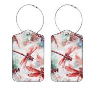 2 Pack Luggage Tags for Suitcases, Red Dragonflies on Red Blue and Green Background Privacy Cover ID Label Bag Tags Identifiers with Stainless Steel Loop