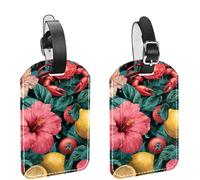 2 Pack Luggage Tags for Suitcases, Summer Fruit Lemon Hibiscus Flower Crab Privacy Cover ID Label Leather Bag Tags Identifiers for Baggage Travel Essentials Bag