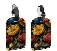 2 Pack Luggage Tags for Suitcases, Vintage Colorful Botanical Flowers Seamless Pattern Privacy Cover ID Label Leather Bag Tags Identifiers for Baggage Travel Essentials Bag