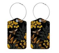 2 Pack Luggage Tags for Suitcases, Yellow Flowers Green Leaves and Golden Bee Privacy Cover ID Label Bag Tags Identifiers with Stainless Steel Loop