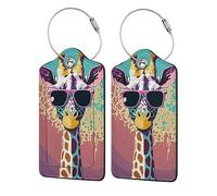 2 Pack Luggage Tags Giraffe in Sunglasses Art Summer Animal Suitcase Leather Privacy Cover Id Label with Stainless Steel Loop for Women Men Travel