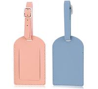 2 Pack Luggage Tags, Leather Baggage Labels for Travel Suitcase, PU Leather ID Name Tags Adjustable Suitcase Labels Tags Travel Baggage Identity Labels Handbag Tag Labels for Men Women, Pink, Blue