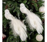 2-Pack Luxury Artificial Velvet Feather Birds with Clip for Christmas Tree Decorations Table Centerpiece Festive Holiday Wedding Party Indoor Home Decor (White)