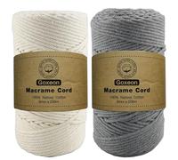 2 Pack Macrame Cord 2x 3mm x 200m Cotton Cord - 4 Strand Twisted Natural Cord for Wall Hanging, Plant Hangers, Crafts, Knitting(Beige+Grey)