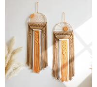 2 Pack Macrame Sun Wall Decor Set - Hand Woven Sunrise Sunset Boho Hanging Tapestry Wall Art, Orange Brown Rustic Dream Catcher Home Decor for Bedroom Living Room Nursery
