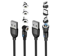 2 Pack Magnetic Charging Cable 1M & 2M with 9 Pin Strong Magnetic Connector 3-in-1 USB A to Type-C, Micro USB 360° & 180° Rotating Nylon Braided Fast Charger Cable with LED Light & Data Transfer