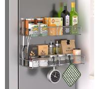 2 Pack Magnetic Spice Rack for Refrigerator, 100% Heavy Duty Metal, Space-Saving Mobile Spice Organizer with Hooks, Kitchen, Home, Laundry Room, Grey