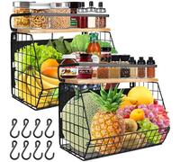 2 Pack Magnetic Vegetable Rack Fruit Bowl Fruit Baskets for Kitchen, Hanging Rack with Banana Hanger Kitchen Storage Stackable Storage Baskets for Vegetables Fridge Side Storage No Drilling Black
