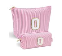 2 Pack Makeup Bag Letter 0 - Vivajoy Personalised Make Up Bags for Women, Pink Striped Chenille Initial Makeup Bags, Large Cosmetic Bag and Small Portable Make Up Bag, Birthday Gift for Her