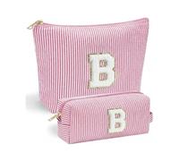 2 Pack Makeup Bag Letter B - Vivajoy Personalised Make Up Bags for Women, Pink Striped Chenille Initial Makeup Bags, Large Cosmetic Bag and Small Portable Make Up Bag, Birthday Gift for Her