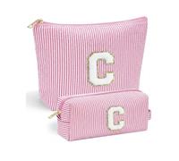 2 Pack Makeup Bag Letter C - Vivajoy Personalised Make Up Bags for Women, Pink Striped Chenille Initial Makeup Bags, Large Cosmetic Bag and Small Portable Make Up Bag, Birthday Gift for Her
