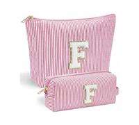 2 Pack Makeup Bag Letter F - Vivajoy Personalised Make Up Bags for Women, Pink Striped Chenille Initial Makeup Bags, Large Cosmetic Bag and Small Portable Make Up Bag, Birthday Gift for Her