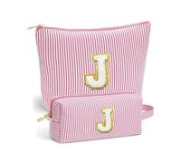 2 Pack Makeup Bag Letter J - Vivajoy Personalised Make Up Bags for Women, Pink Striped Chenille Initial Makeup Bags, Large Cosmetic Bag and Small Portable Make Up Bag, Birthday Gift for Her