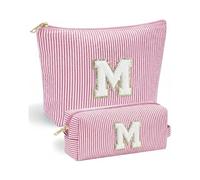 2 Pack Makeup Bag Letter M - Vivajoy Personalised Make Up Bags for Women, Pink Striped Chenille Initial Makeup Bags, Large Cosmetic Bag and Small Portable Make Up Bag, Birthday Gift for Her