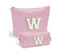 2 Pack Makeup Bag Letter W - Vivajoy Personalised Make Up Bags for Women, Pink Striped Chenille Initial Makeup Bags, Large Cosmetic Bag and Small Portable Make Up Bag, Birthday Gift for Her