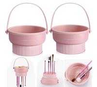 2 Pack Makeup Brush Cleaner Mat 3 in 1 Silicone Makeup Brush Cleaner Makeup Brush Cleaning Bowl Makeup Brush Sponge Scrubber Tool for Cleaning, Storage And Upside Down Drying(Tow Pink)