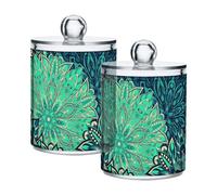 2 PACK Mandala Pattern Ottoman Motifs Floral Flower Qtip Holder Dispenser for Cotton Ball, Cotton Swab, Cotton Round Pads, Floss Picks - Plastic Apothecary Jar Set for Bathroom Canister Storage Organi