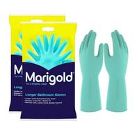 2 Pack Marigold Bathroom Gloves Medium - Double Layered Longer Waterproof Cuffs With Comfortable Cotton Lining Cleaning Gloves Pair for Toilet, Bathroom, Bathtub Sink, Shower, Washing Windows