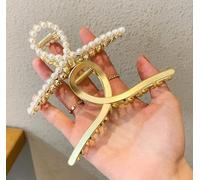 2 Pack Matte Gold Pearl Gold Large Metal Hair Claw for Women with Pearls Non-Slip Hair Clips Thick Hair Threaded Gold Claw Clips Shining Strong Crab Claws Cross Hair Barrettes Hair Clips