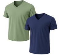 2-Pack Men’s V-Neck T-Shirts - Combed Cotton, Pre-Shrunk Athletic Fit, Reinforced Collar, Great as Undershirts or Sport Tees, Navy/Armygreen, Medium