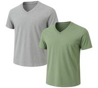 2-Pack Men’s V-Neck T-Shirts - Combed Cotton, Pre-Shrunk Athletic Fit, Reinforced Collar, Great as Undershirts or Sport Tees, Grey/Armygreen, Large