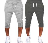 2 Pack Mens 3/4 Length Joggers Summer Three Quarter Shorts Cuffed Tracksuit Bottoms Breathable Gym Cropped Trousers Lightweight Sweatpant Capris Outdoor Workout Shorts Slim Fit Sport Pants