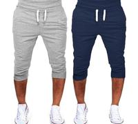 2 Pack Mens 3/4 Length Joggers Summer Three Quarter Shorts Cuffed Tracksuit Bottoms Breathable Gym Cropped Trousers Lightweight Sweatpant Capris Outdoor Workout Shorts Slim Fit Sport Pants