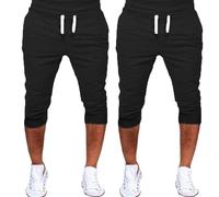 2 Pack Mens Sport Shorts Solid Colors Stretch Breathable Lightweight Shorts with Pockets Summer Casual Joggers Knee Length Cropped Trousers Elasticated Waist Cargo Trousers for Running Training Black