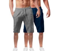 2 Pack Mens Summer Beach Shorts Cotton Linen Shorts Elastic Waist with Pockets Soft Breathable Lightweight Solid Color Pants Oceanside Pants Casual Bermuda Jorts Half Cropped Trousers