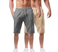 2 Pack Mens Summer Beach Shorts Cotton Linen Shorts Elastic Waist with Pockets Soft Breathable Lightweight Solid Color Pants Oceanside Pants Casual Bermuda Jorts Half Cropped Trousers