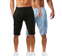 2 Pack Mens Summer Beach Shorts Cotton Linen Shorts Elastic Waist with Pockets Soft Breathable Lightweight Solid Color Pants Oceanside Pants Casual Bermuda Jorts Half Cropped Trousers