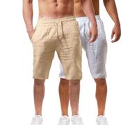 2 Pack Mens Summer Beach Shorts Cotton Linen Shorts Elastic Waist with Pockets Soft Breathable Lightweight Solid Color Pants Oceanside Pants Casual Bermuda Jorts Half Cropped Trousers