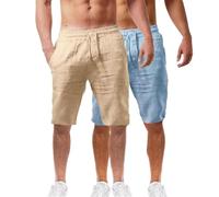 2 Pack Mens Summer Beach Shorts Cotton Linen Shorts Elastic Waist with Pockets Soft Breathable Lightweight Solid Color Pants Oceanside Pants Casual Bermuda Jorts Half Cropped Trousers