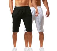 2 Pack Mens Summer Beach Shorts Cotton Linen Shorts Elastic Waist with Pockets Soft Breathable Lightweight Solid Color Pants Oceanside Pants Casual Bermuda Jorts Half Cropped Trousers
