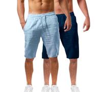 2 Pack Mens Summer Beach Shorts Cotton Linen Shorts Elastic Waist with Pockets Soft Breathable Lightweight Solid Color Pants Oceanside Pants Casual Bermuda Jorts Half Cropped Trousers