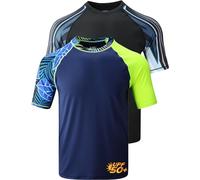 2-Pack Men's UV Short Sleeve Swim Shirts Loose Fit Rash Guards, Printed Navy/Black, XXL