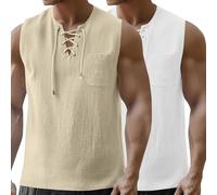 2 Pack Mens Vests, Summer Cotton Linen Sleeveless Tank Top, Holiday Lace Up Beach Singlets Vest with Chest Pocket, Pirate Tunic Hippie Retro Cosplay Sleeveless Tops for Men