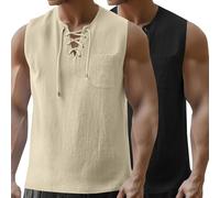 2 Pack Mens Vests, Summer Cotton Linen Sleeveless Tank Top, Holiday Lace Up Beach Singlets Vest with Chest Pocket, Pirate Tunic Hippie Retro Cosplay Sleeveless Tops for Men