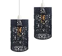 2 Pack Metal Black Pendant Light Shades, 13.5cm Drum Shape E27 Lampshade, Industrial Ceiling Lighting Fixture, Easy Fit Open Style for Living Room, Bedroom, Kitchen, Bathroom, Hallway