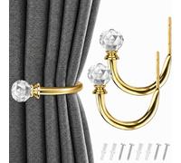 2 Pack Metal Curtain Holdbacks Hook Curtain Tie Backs Hooks with Clear Crystal Ball, Wall Mounted U-Shaped Tie Backs for Curtains Elegant Drapery Hooks for Living Room Bedroom Window Voile Towel Coat