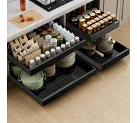 2 Pack Metal Expandable Pantry Organisers Shelves, Peel And Stick Pull Out Cabinet Organiser for Kitchen Pantry Storage,Sliding Storage Drawer for Kitchen Cupboards (Black, 53cmD X 32-52"W)