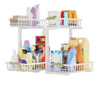 2 Pack Metal Under Sink Storage, 2 Tier Sliding Under Sink Organiser, Height Adjustable Kitchen Storage & Organisation, Pull out Cabinet Organizer, Bottom Slide Out Basket for Kitchen Bathroom (White)