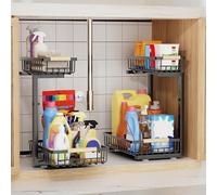 2 Pack Metal Under Sink Storage, 2 Tier Sliding Under Sink Organiser, Height Adjustable Kitchen Storage & Organisation, Pull out Cabinet Organizer, Bottom Slide Out Basket for Kitchen Bathroom (Black)