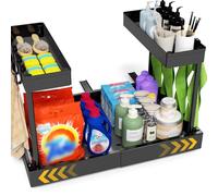 2 Pack Metal Under Sink Storage Organiser,2 tier Pull Out Undersink Storage Organiser Kitchen,38cm-55cm Width Expandable with 3 sliding Rails Drawers Cupboard Organiser with Hooks Kitchen Bathroom Hom