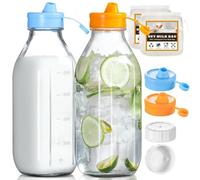 2 Pack Milk Bottle with 2 Pcs Nut Milk Bag, 32 Oz Reusable Glass Bottles with 2 Dispenser Cap and 2 Airtight Lids, Breast Milk Pitcher, Juice container for refrigerator, Water Jug, Syrup, Honey