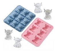 2 Pack Mini Highland Cow Ice Cube Tray 3D Cute Silicone Highland Cow Ice Cube Mold with 6 Cavities, BPA-Free Flexible Mold for Whiskey Cocktails Chocolate Candy Jelly Homemade Treats (Pink+Blue)