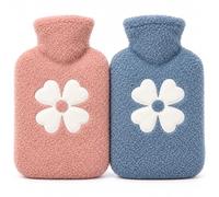 2 Pack Mini Hot Water Bottles with Covers, Pink and Blue Flower Design | Small Hot Water Bottle Set with Soft Plush Covers, Compact Winter Warmers for Home, Office and Travel